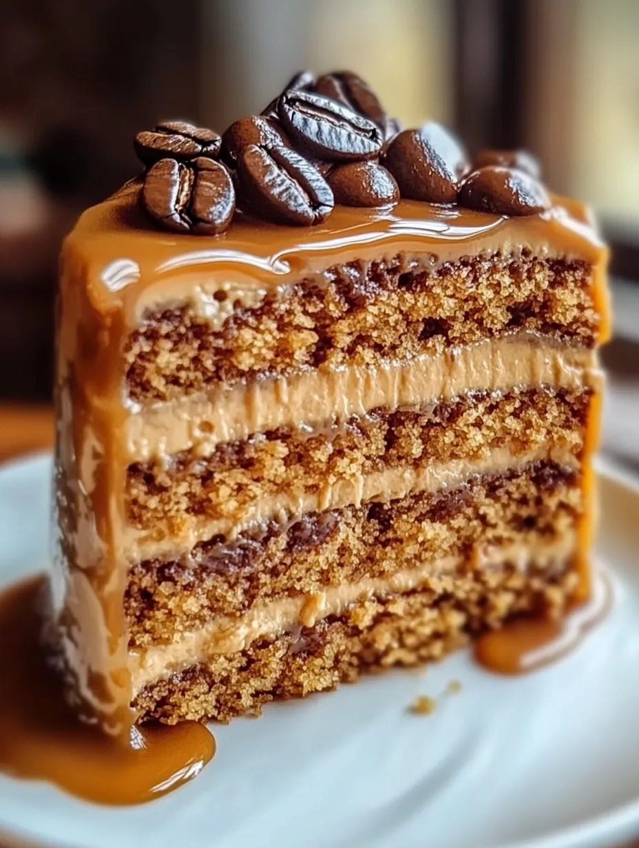 Cake slice with caramel and chocolate on top.