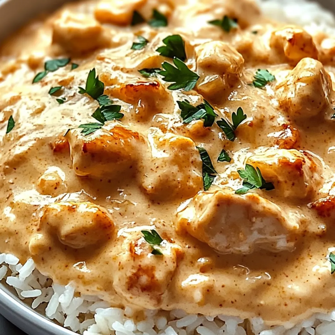 A bowl with chicken, creamy sauce, and rice.