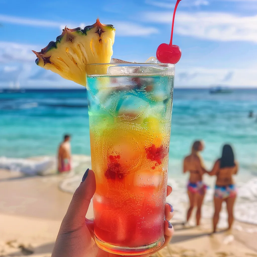 A person is holding a drink with a pineapple and cherry on top.