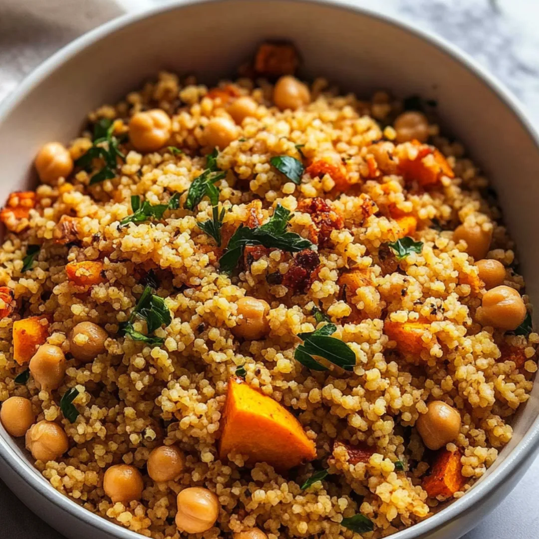 A bowl packed with fluffy grains, veggies, and chickpeas.