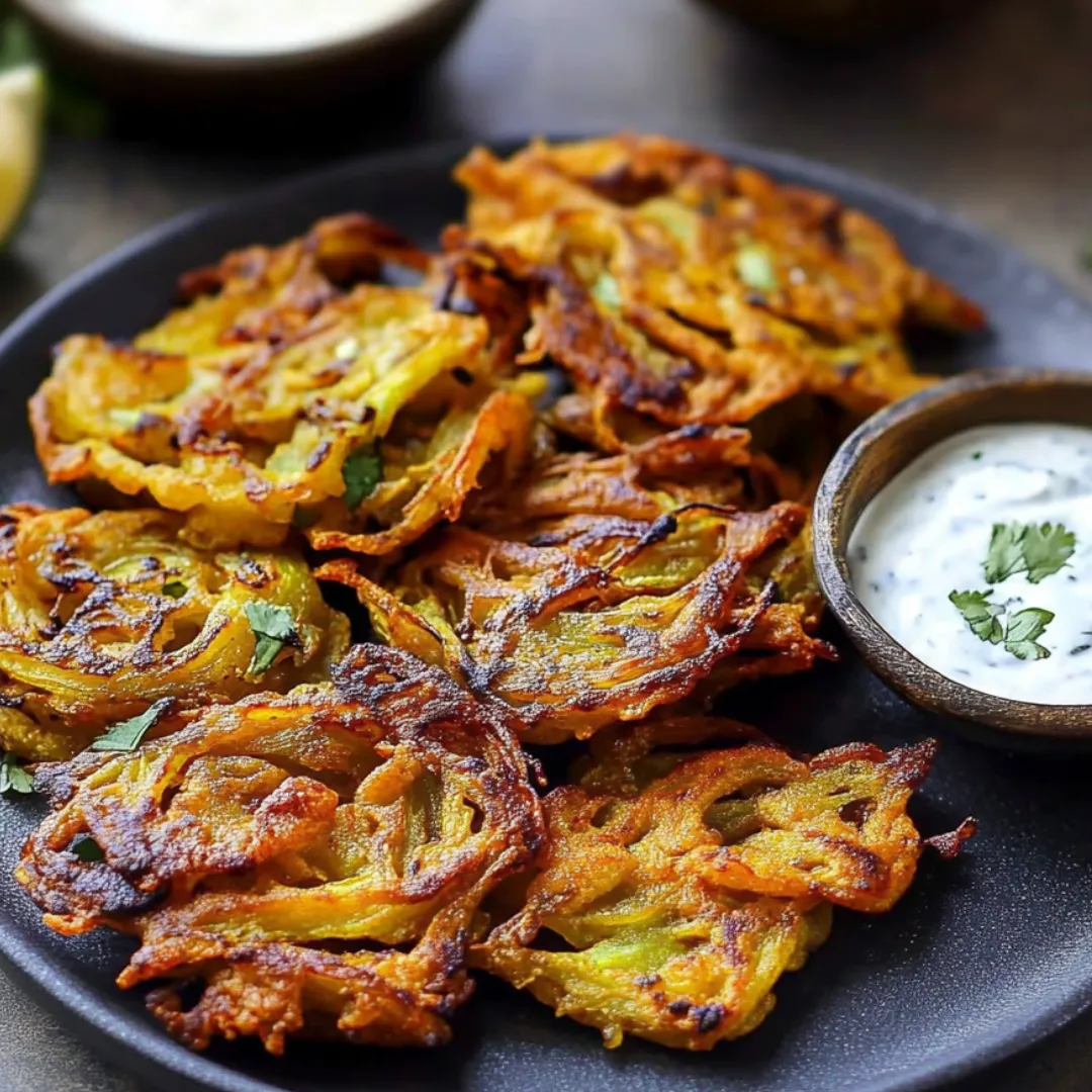 Crispy onion fritters next to a bowl of dipping sauce.