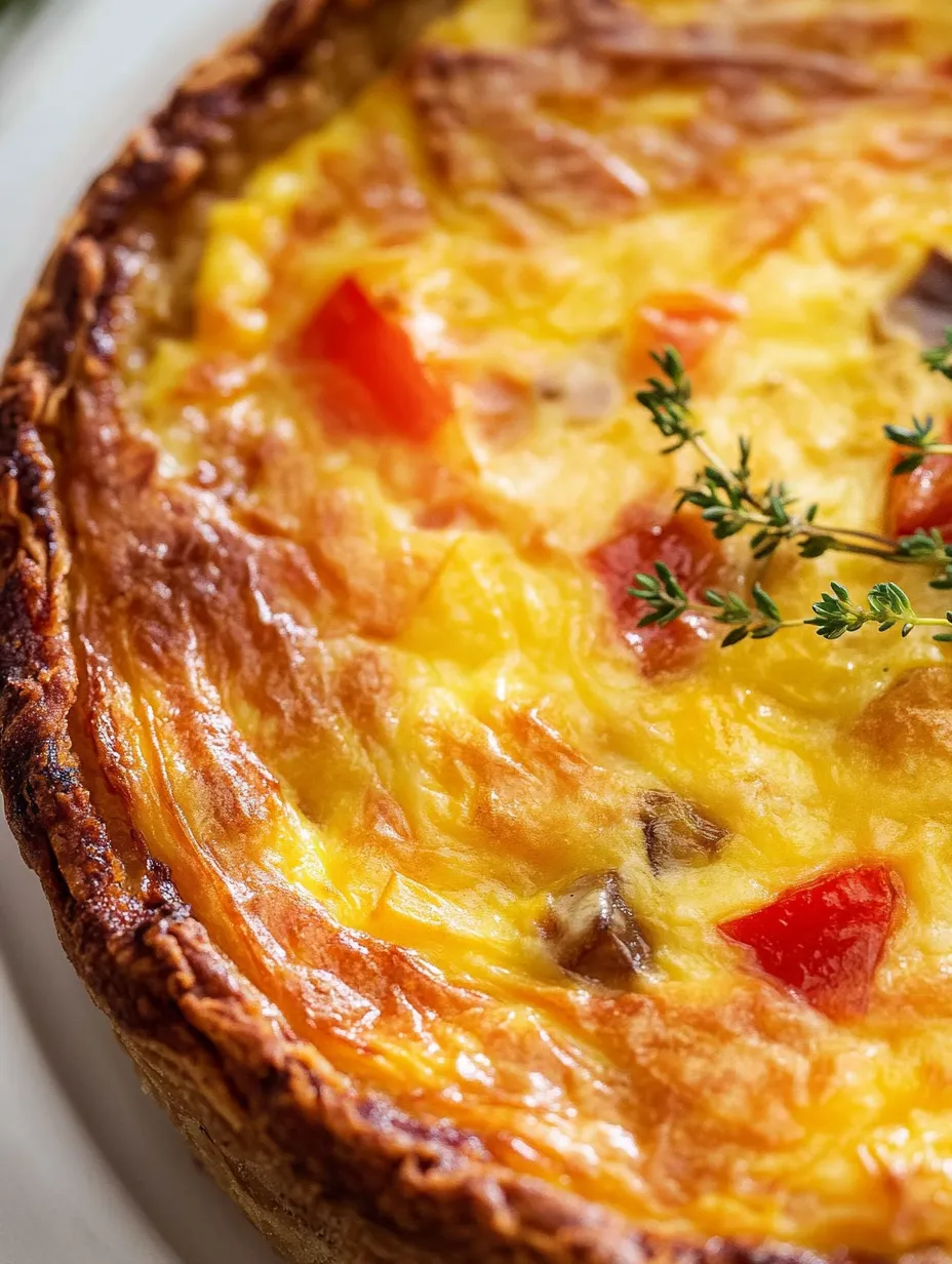 A close up of a quiche with tomatoes and herbs.