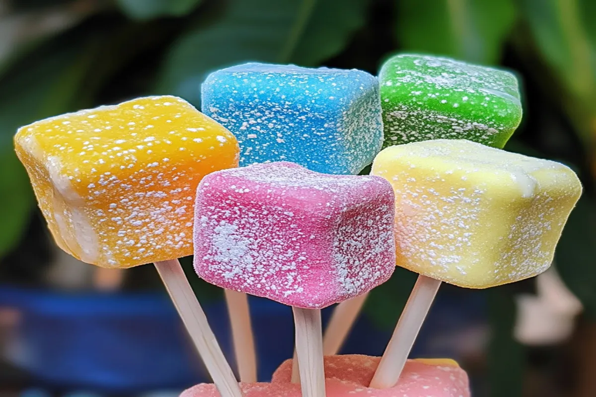 Six different colored lollipops on a stick.