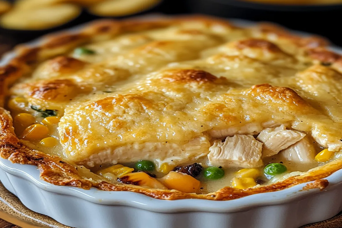 A pie with chicken and vegetables.