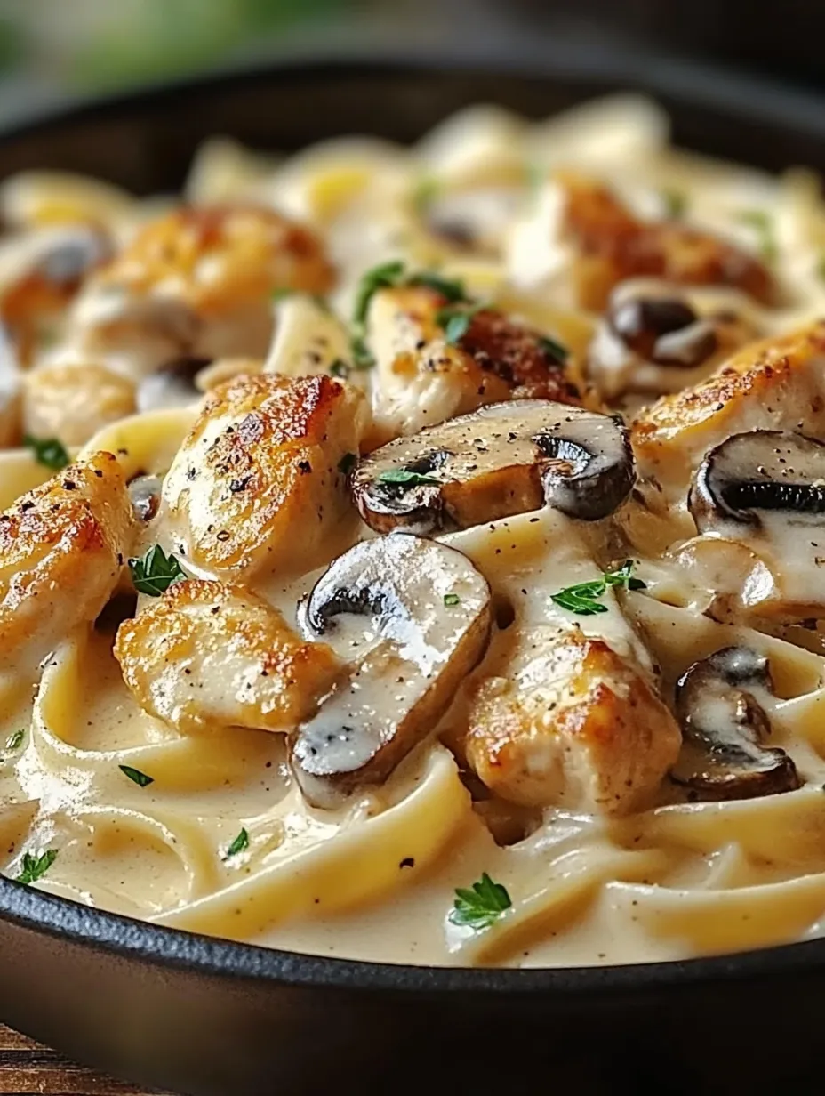 A bowl of pasta with chicken and mushrooms.