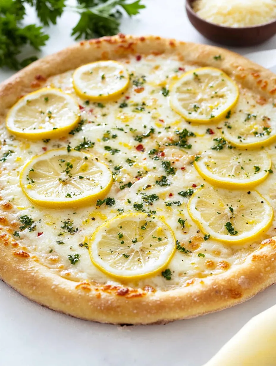 A pizza with lemon wedges on top.