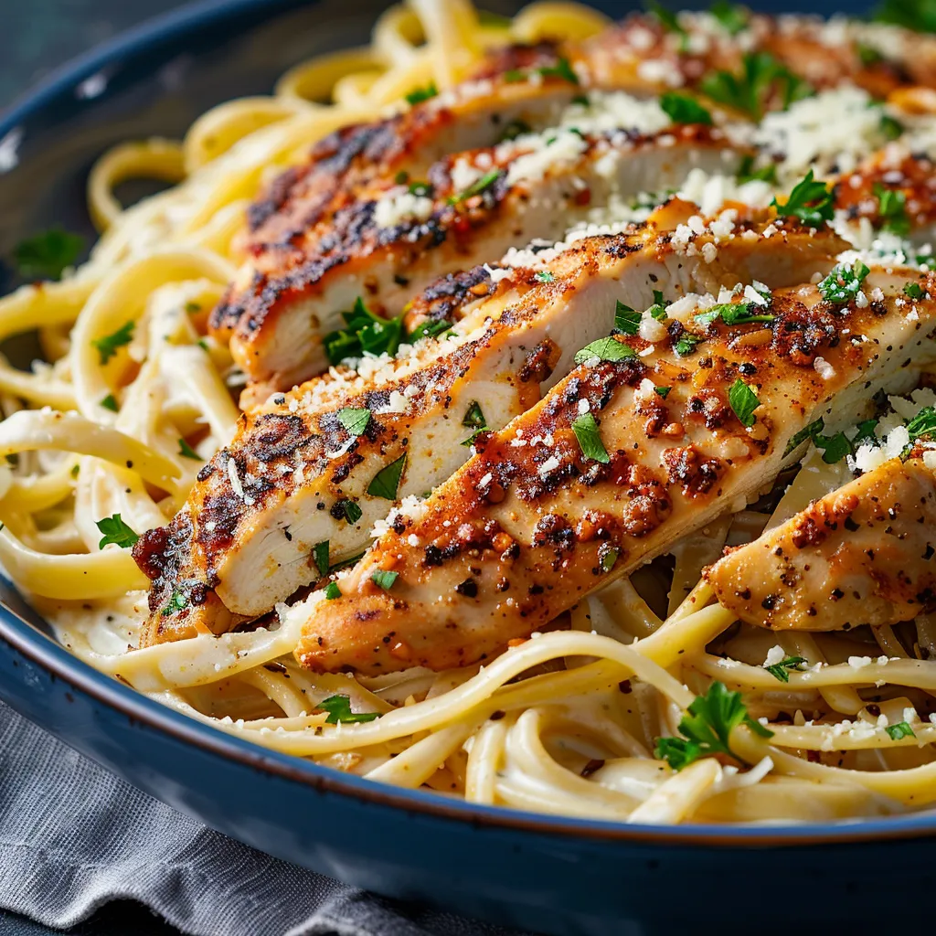 A plate of chicken and pasta.