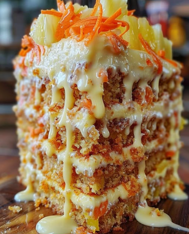A cake with carrots on top.