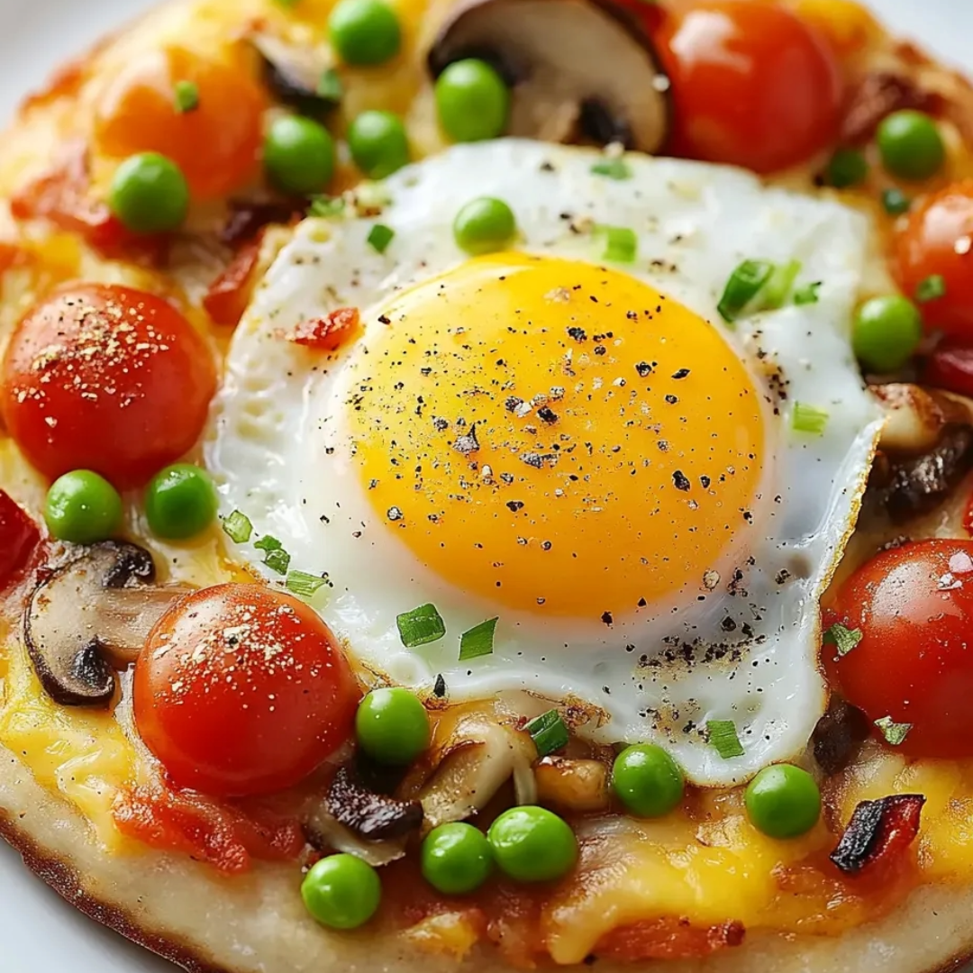 A breakfast pizza with a fried egg on top.