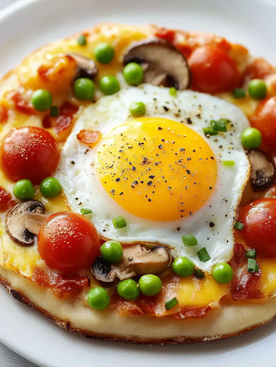 A breakfast pizza with eggs, mushrooms, tomatoes, and peas.