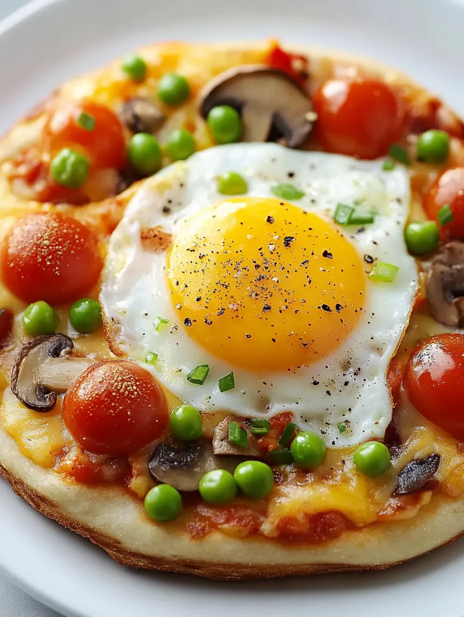 A breakfast pizza with eggs, tomatoes, peas, and mushrooms.