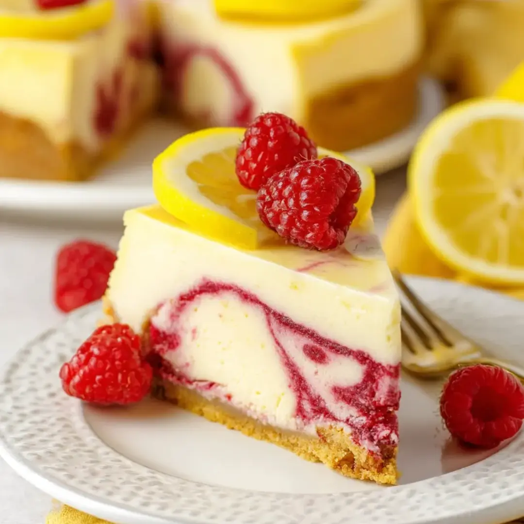 A slice of lemon cheesecake with raspberries on top.