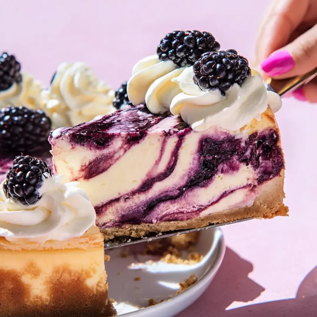 A slice of blueberry cheesecake is being eaten.