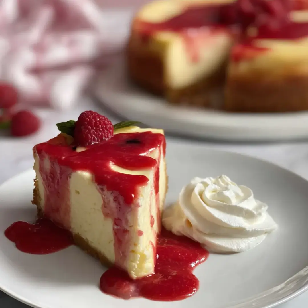 A slice of cheesecake with a dollop of whipped cream on top.