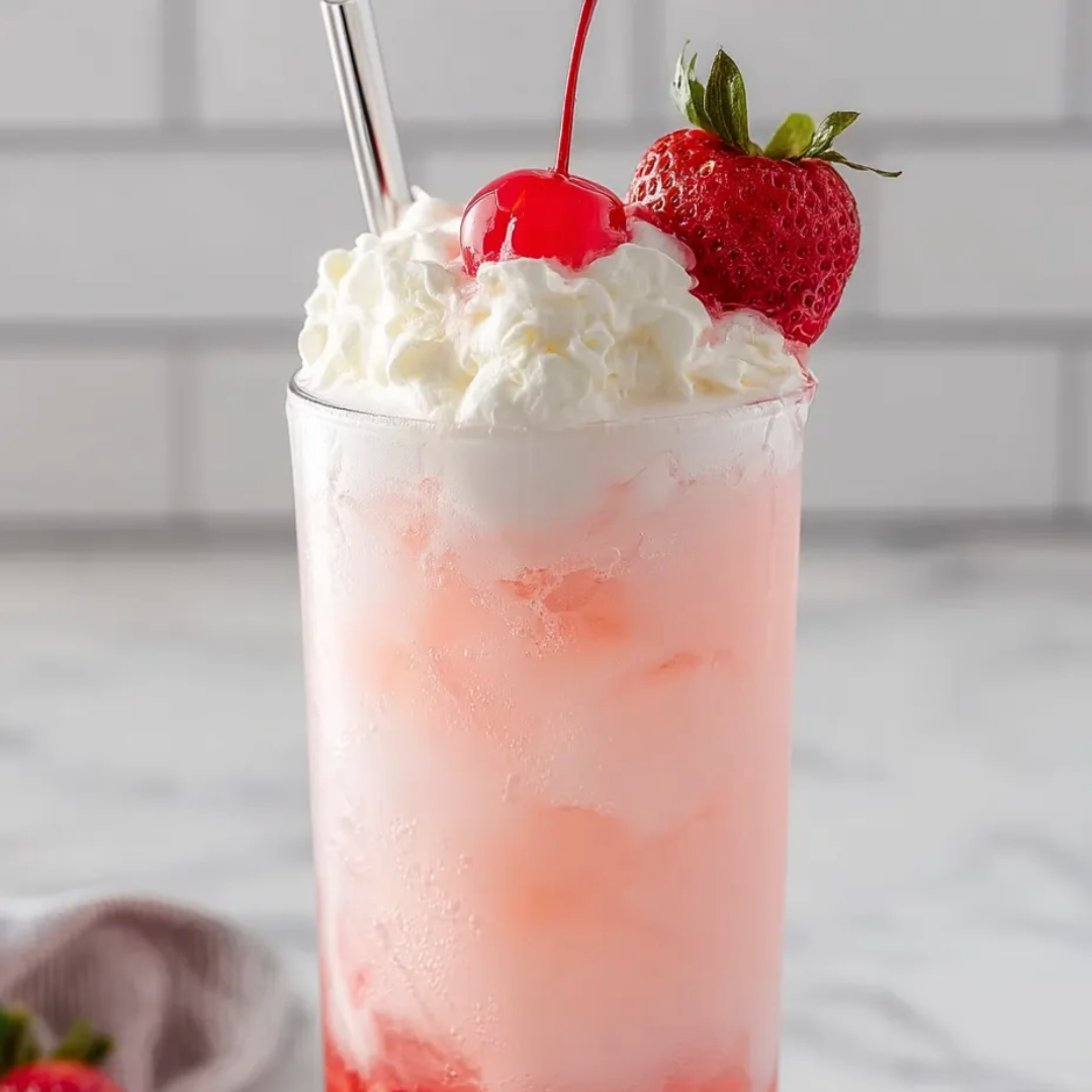 A glass of pink drink with a cherry on top.