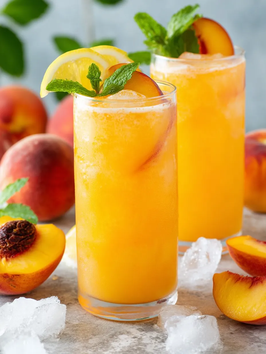 Two glasses of peach juice with a peach in the background.