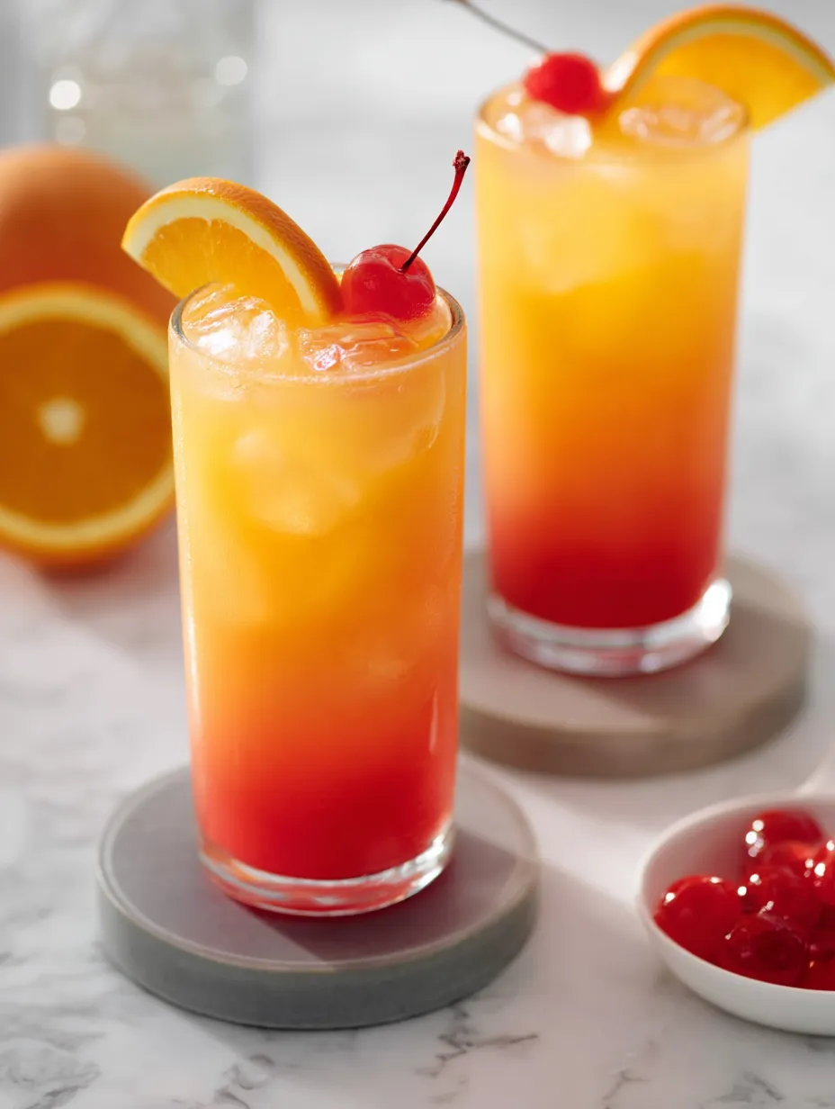 Two glasses of orange juice with cherries on top.