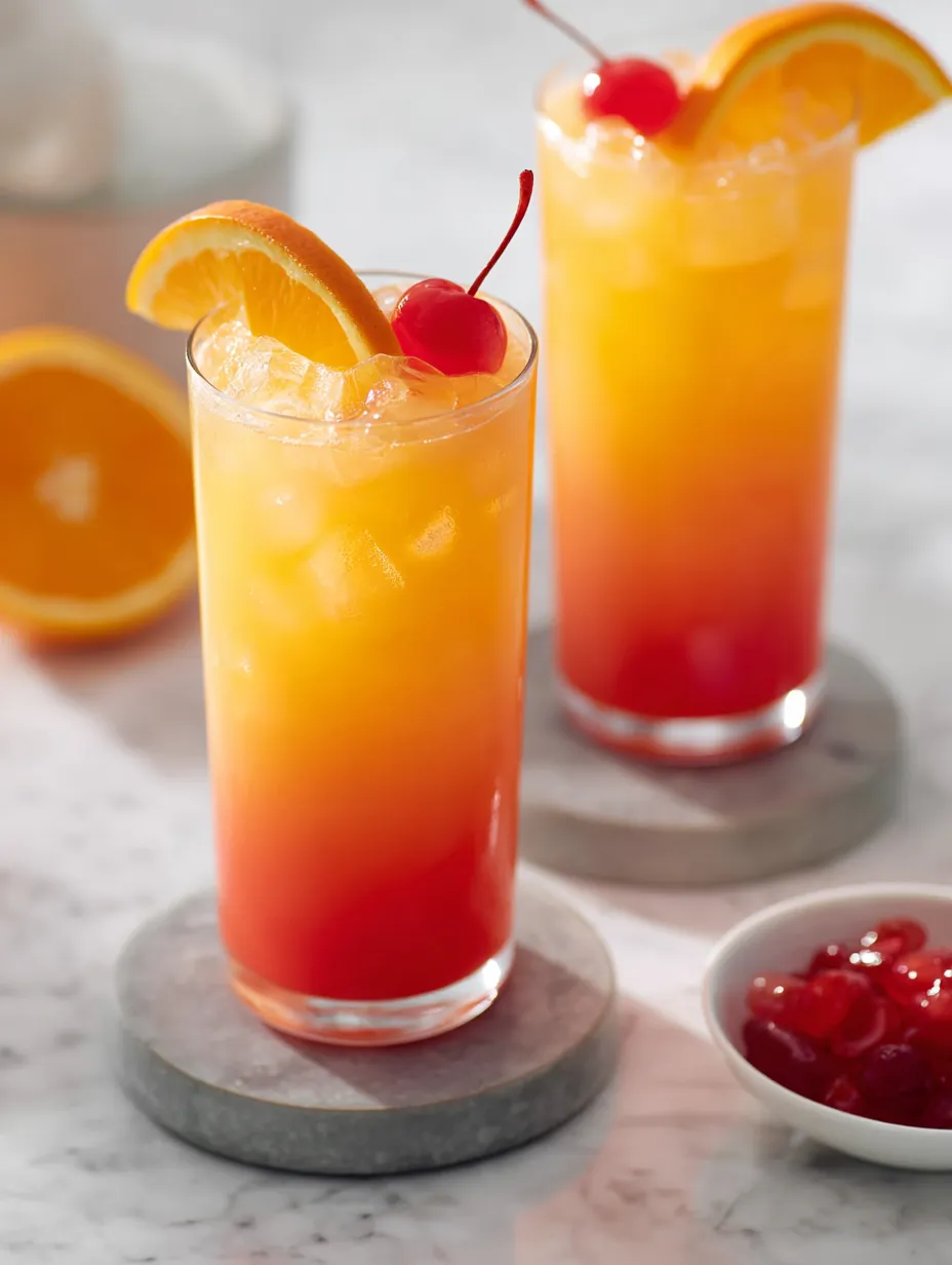 Two glasses of orange juice with cherries on the side.