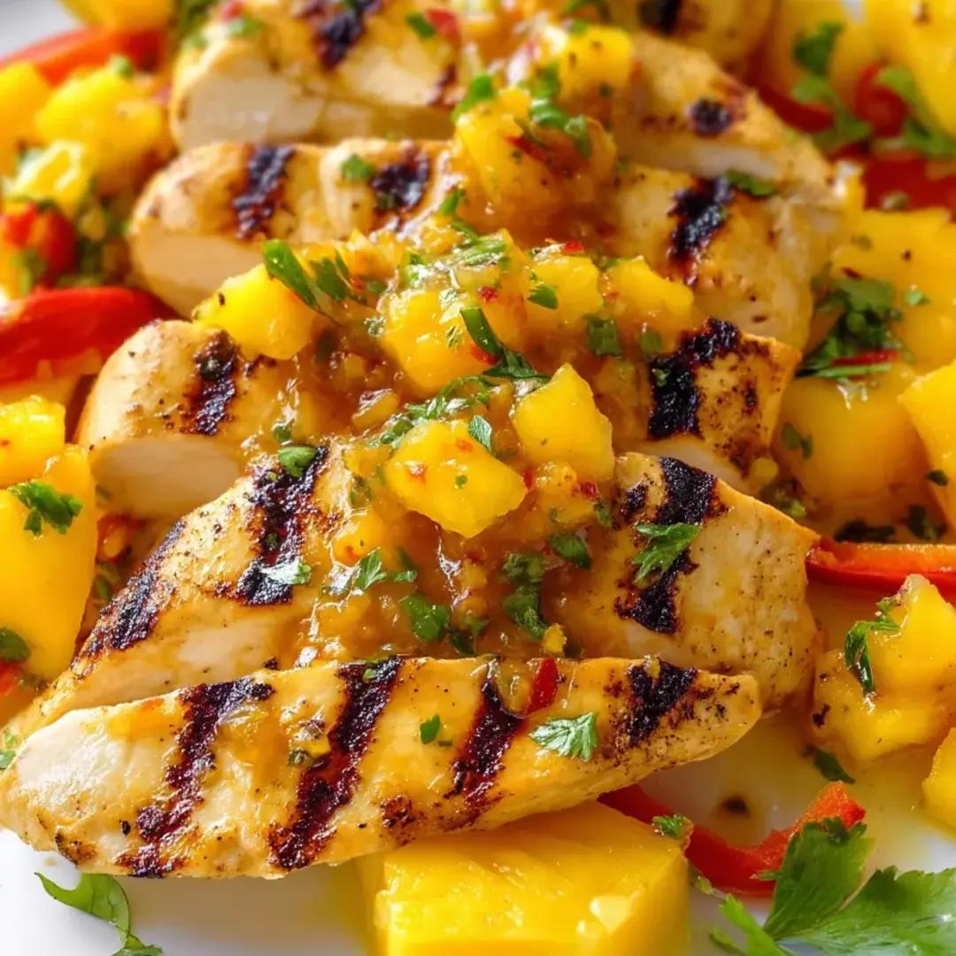 A plate of grilled chicken with pineapple and peppers.