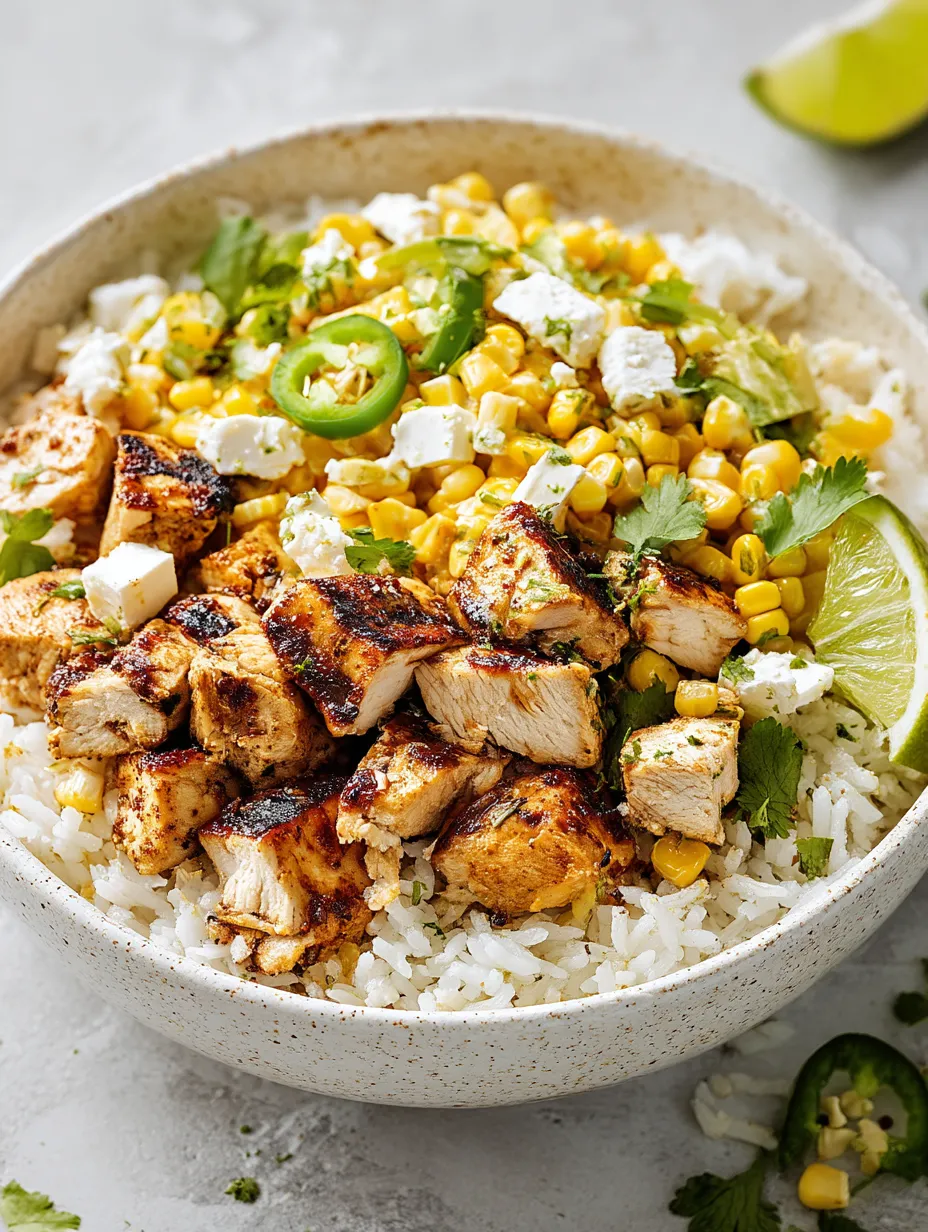 A bowl of rice with chicken and corn.