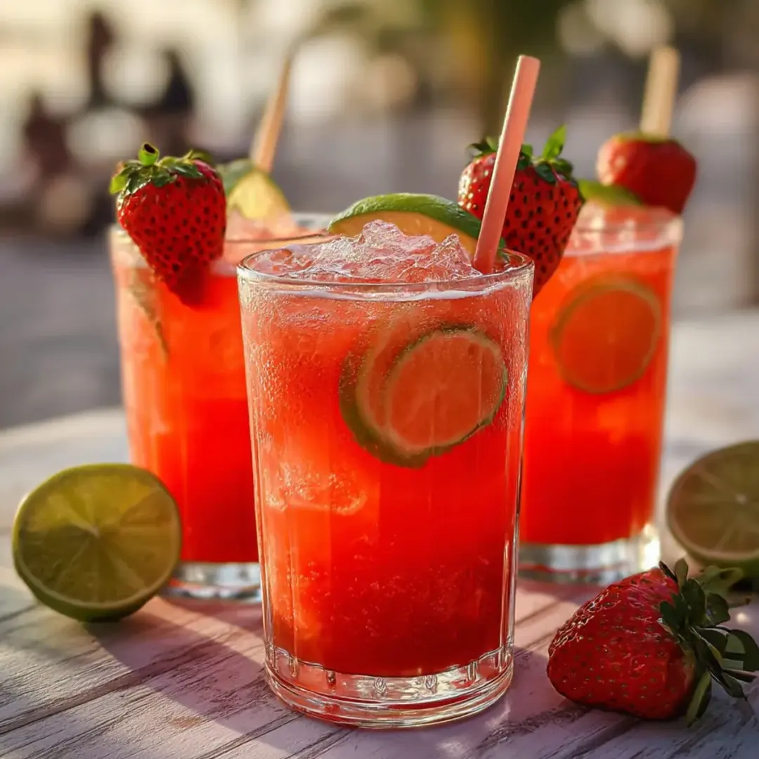 Two glasses of red drink with strawberries and limes.