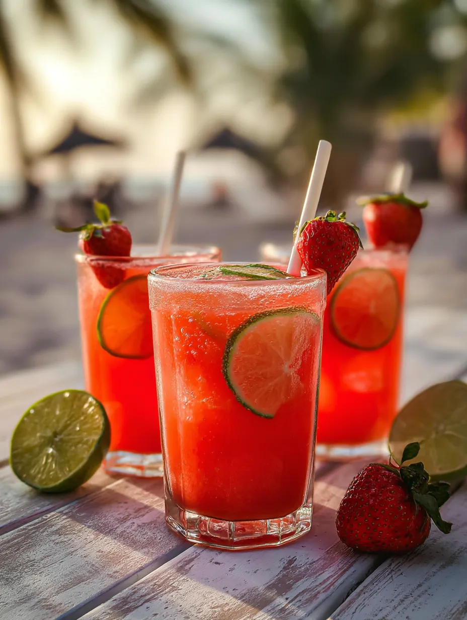 Three glasses of pink drink with strawberries and limes.