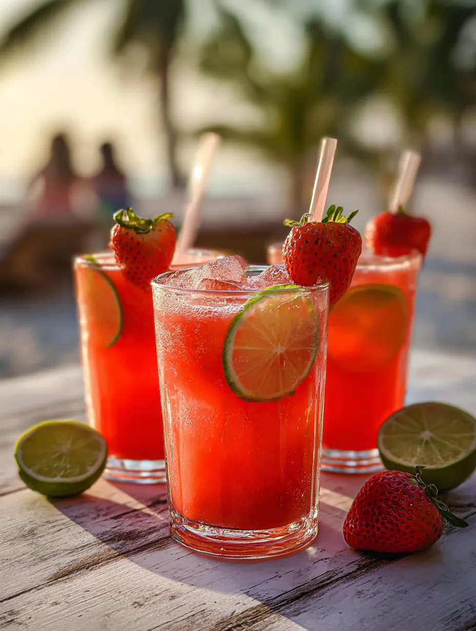 Three glasses of strawberry juice with limes.