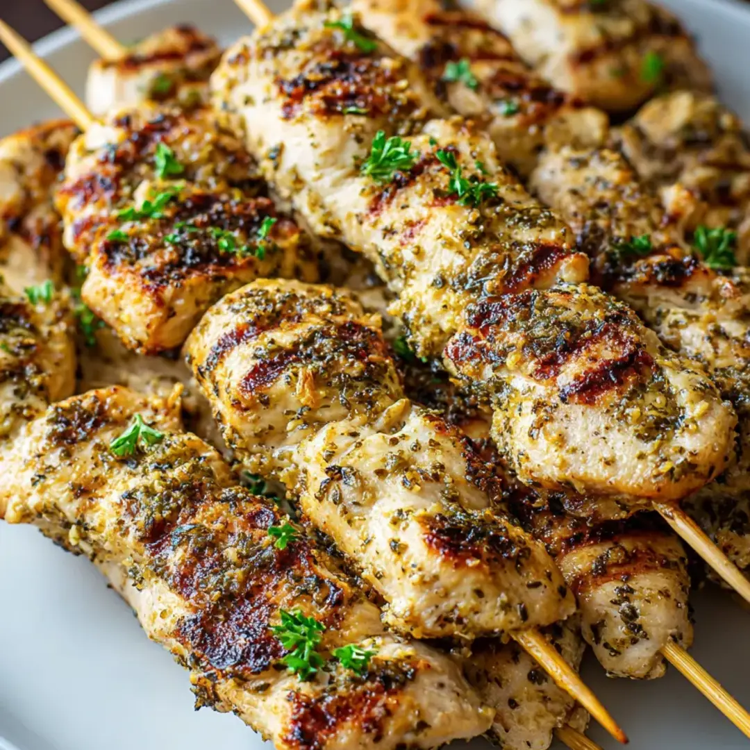 A plate of chicken skewers with herbs.