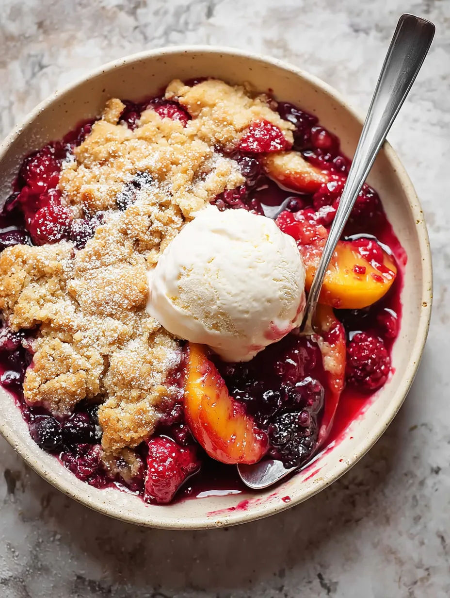 A bowl of fruit with a scoop of ice cream on top.