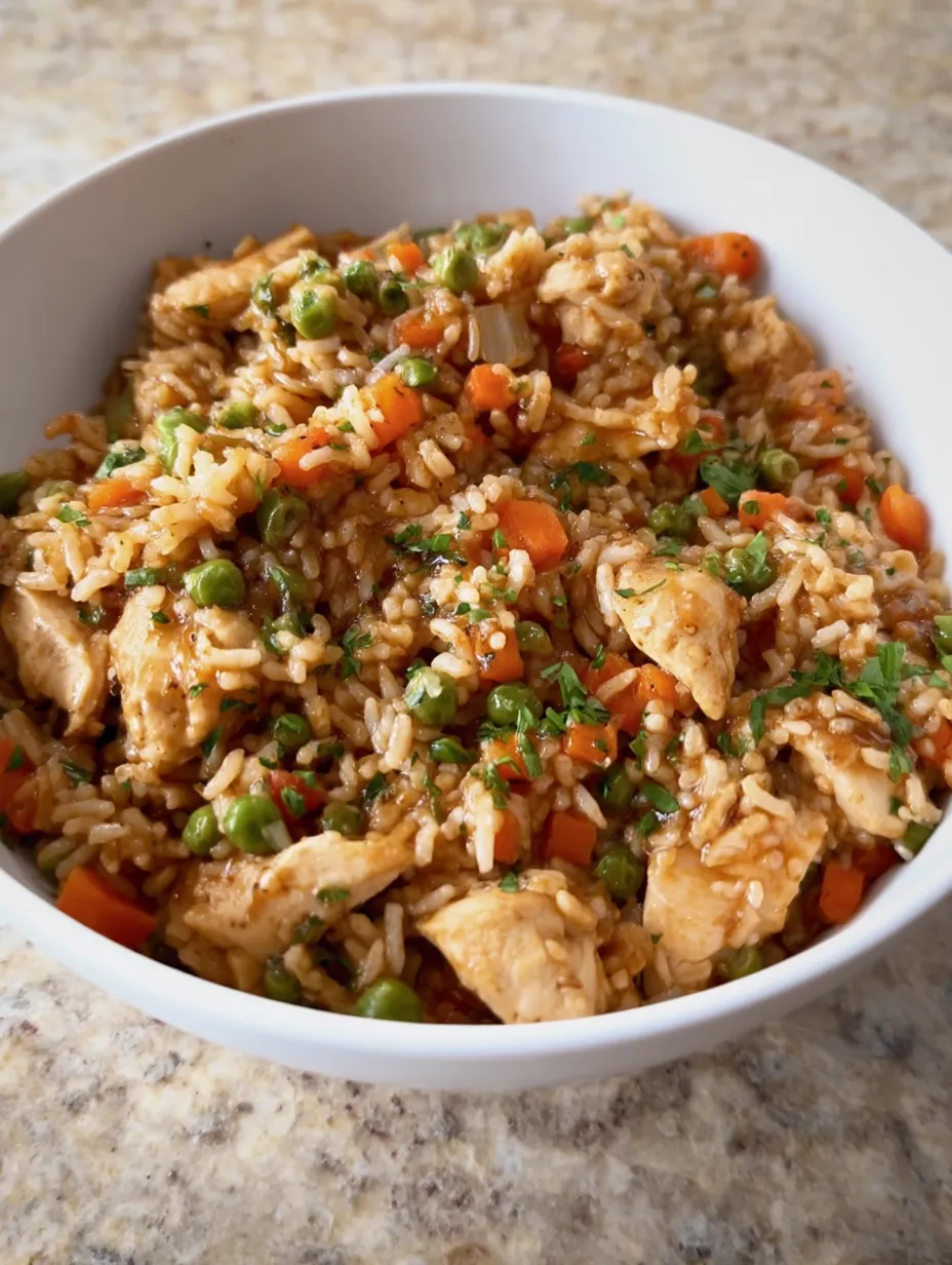 A bowl of rice and chicken.