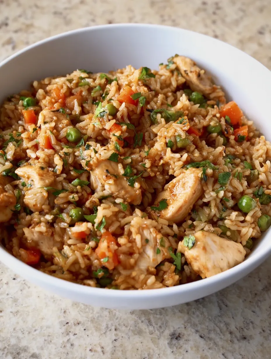 A bowl of rice with chicken and peas.