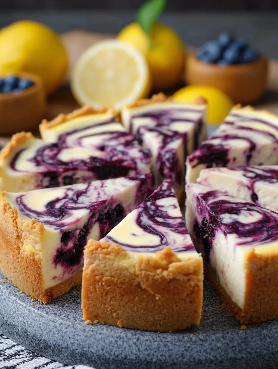 A slice of blueberry cheesecake with lemon wedges on the side.