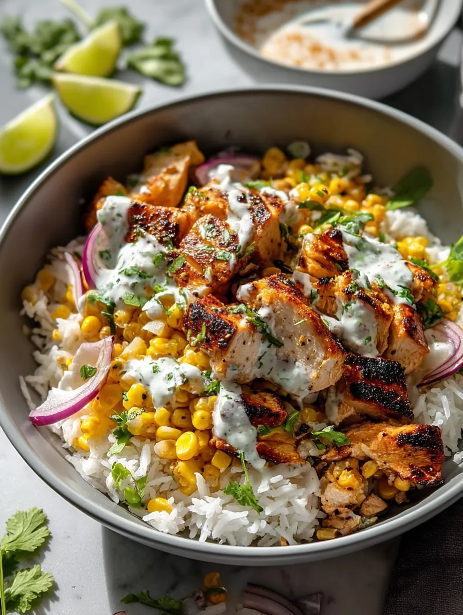 A bowl of rice with chicken and corn.
