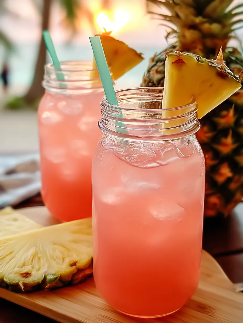 Two glasses of pink drink with straws in them.