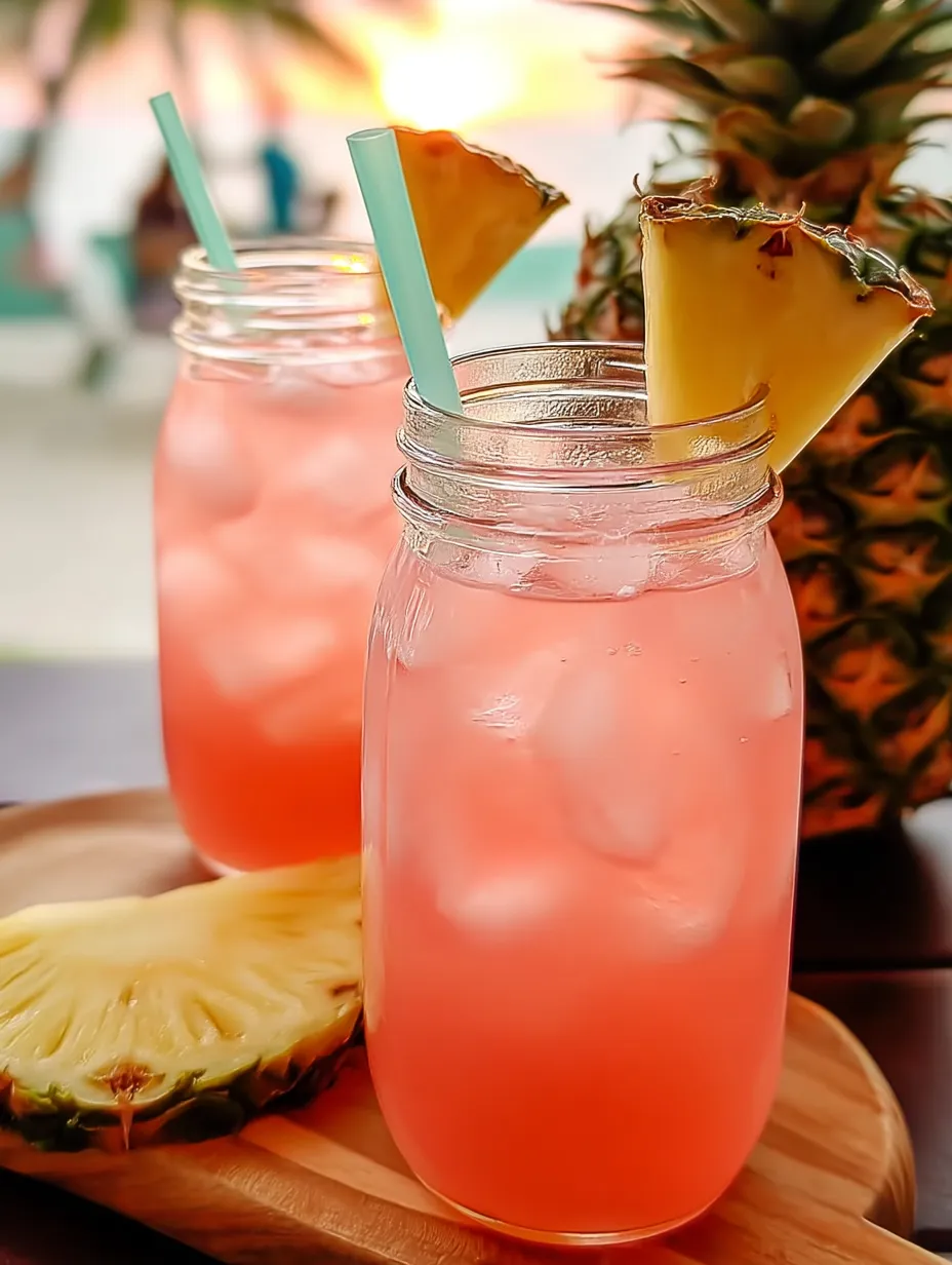 Two glasses of pink drink with pineapple slices in them.