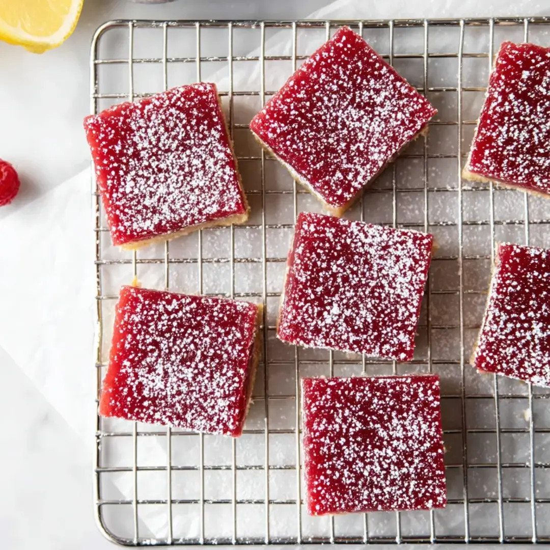 A tray of red jello squares with powdered sugar on top.