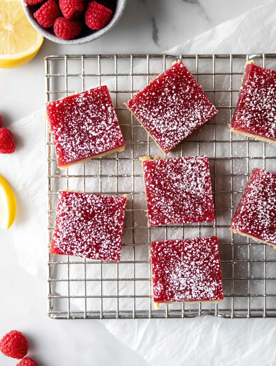 A tray of red dessert squares with white powder on top.