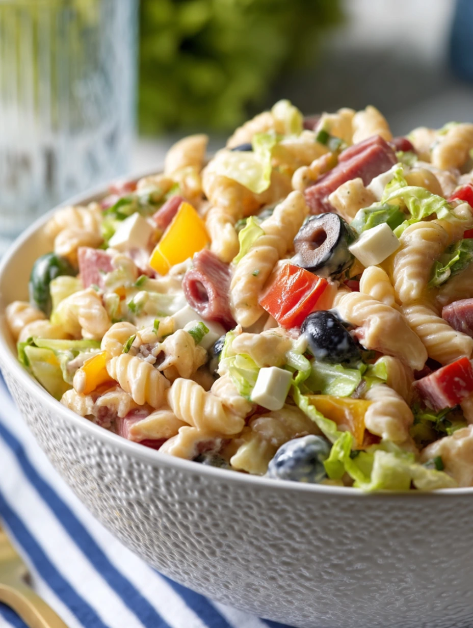 A bowl of pasta salad with blueberries and ham.
