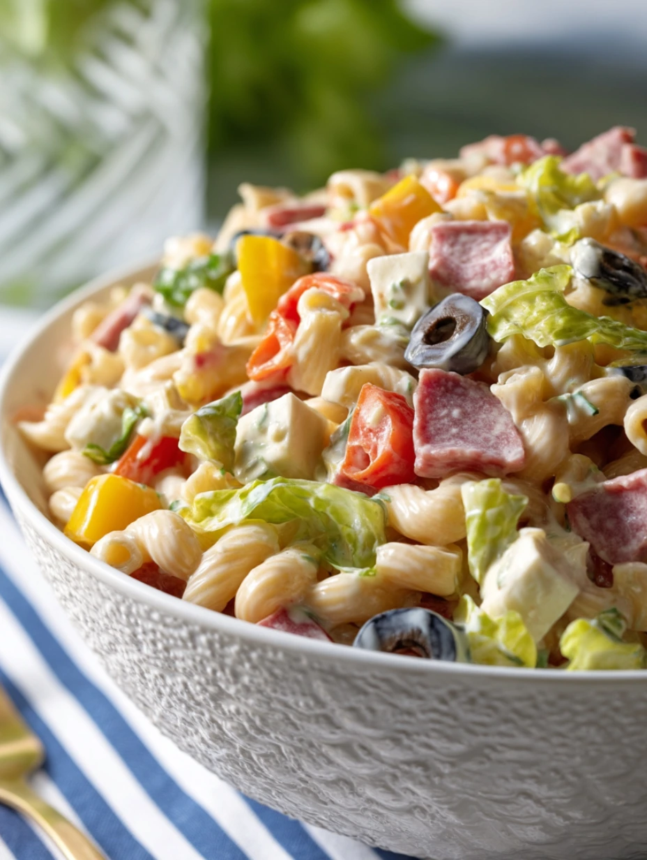 A bowl of pasta salad with vegetables.