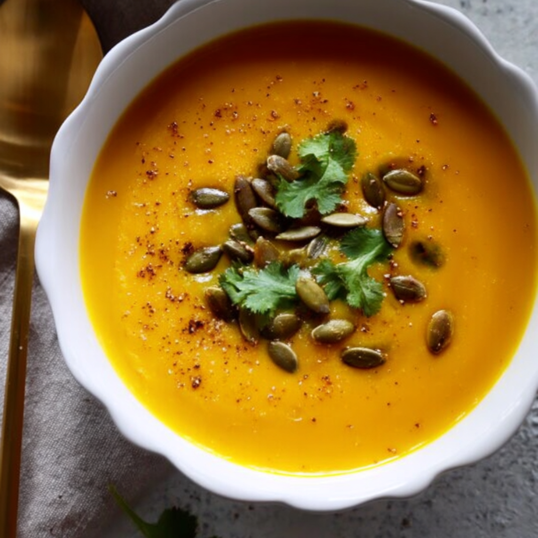 A bowl of soup with a spoon in it.