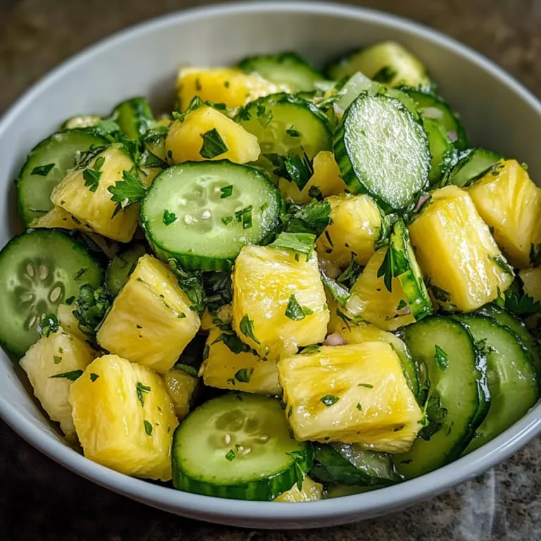 A bowl holding pineapple pieces and sliced cucumber.