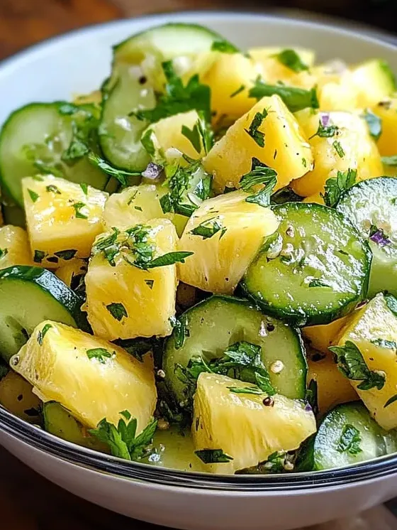 A bowl filled with pineapple and cool cucumber slices.