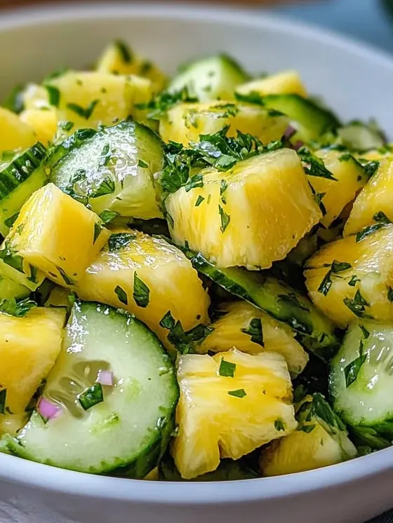 Cucumber and pineapple mixed in a serving bowl.