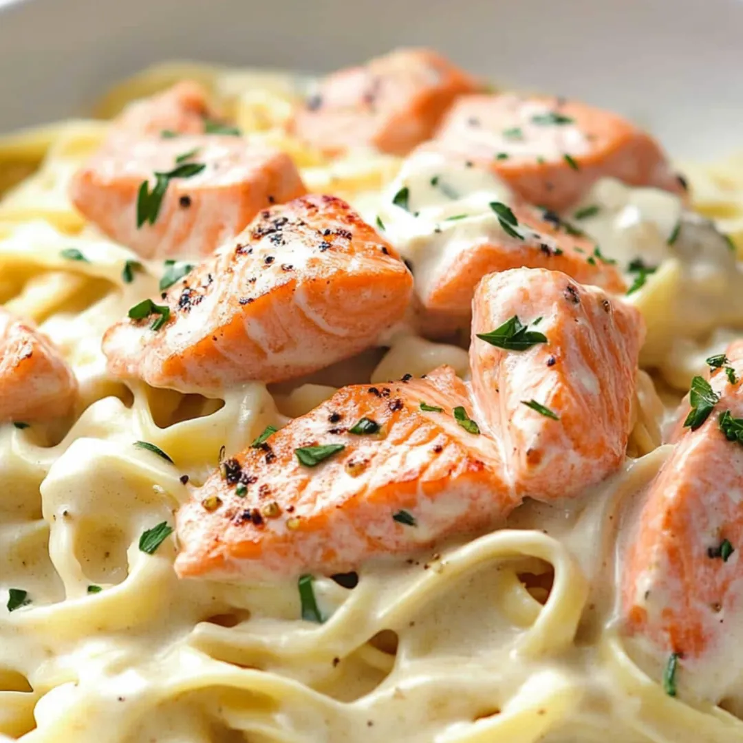 A plate of pasta with salmon and herbs.