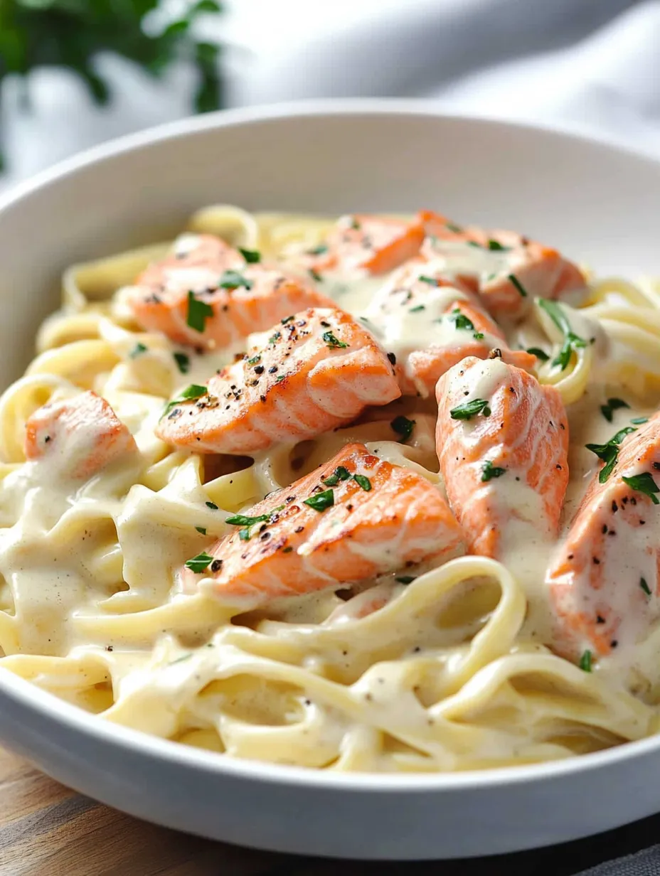 A bowl of pasta with salmon and cheese.