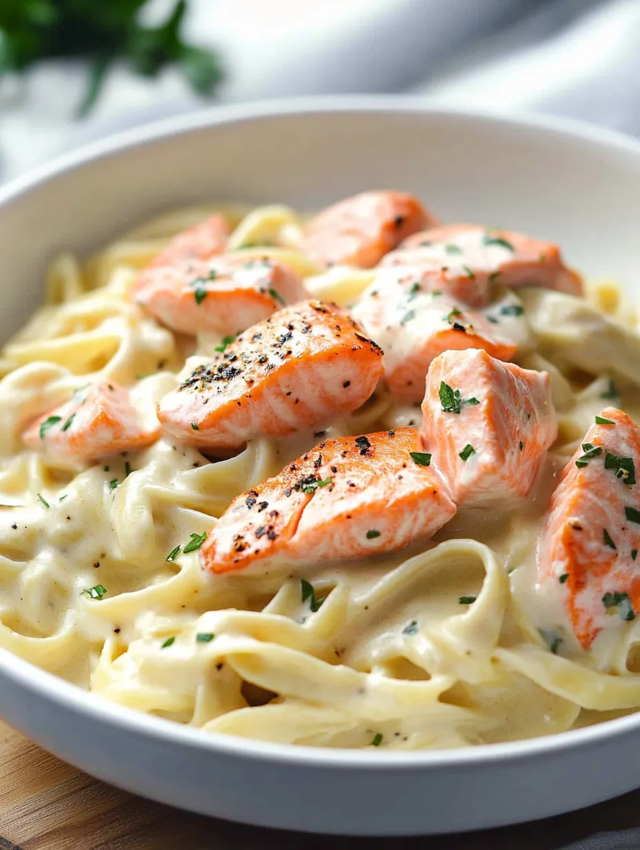 A bowl of pasta with salmon on top.