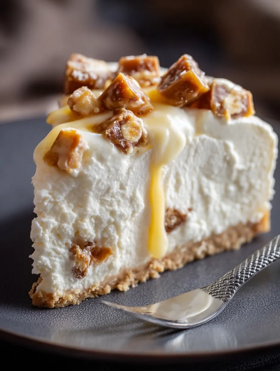 A slice of cheesecake with caramel drizzled on top.