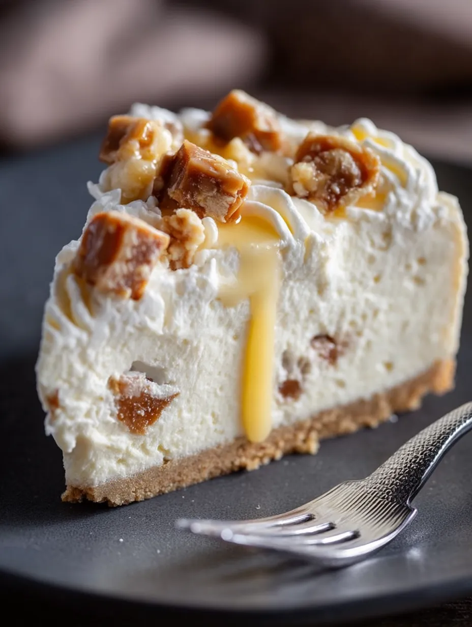 A slice of cheesecake with caramel drizzled on top.
