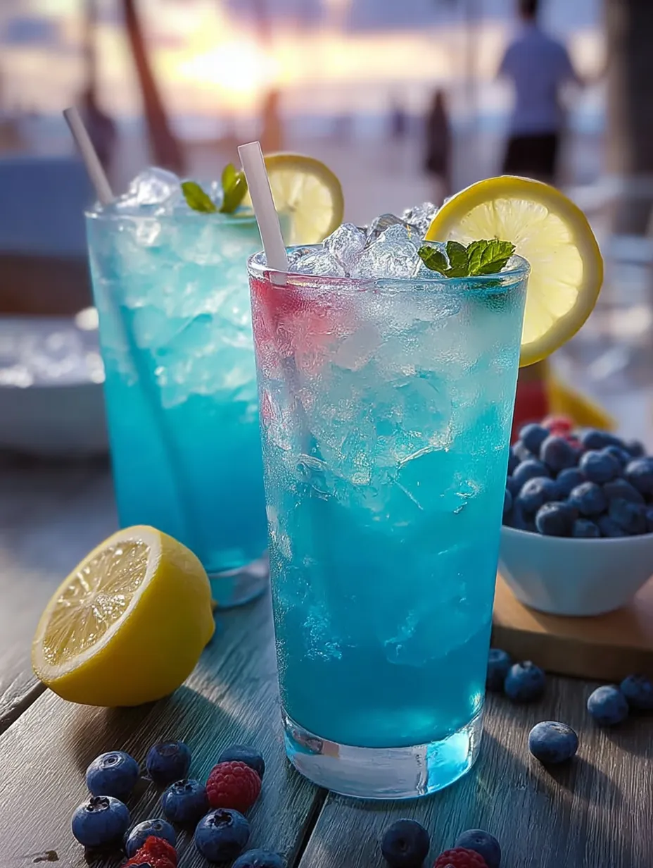 Two blue drinks with lemon slices in them.
