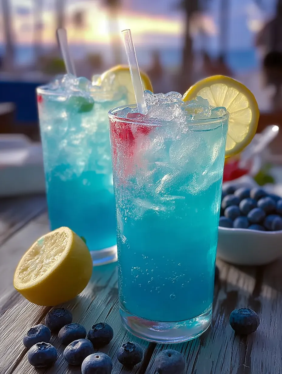 Two blue drinks with lemon slices.